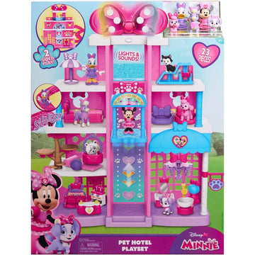 Minnie pet hotel disney playset rosa e blu con luci, suoni e scivolo per giochi animali minnie pet