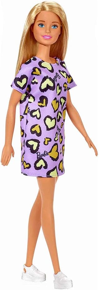 Barbie Bambola Bionda con Abito Viola e Cuoricini Gialli