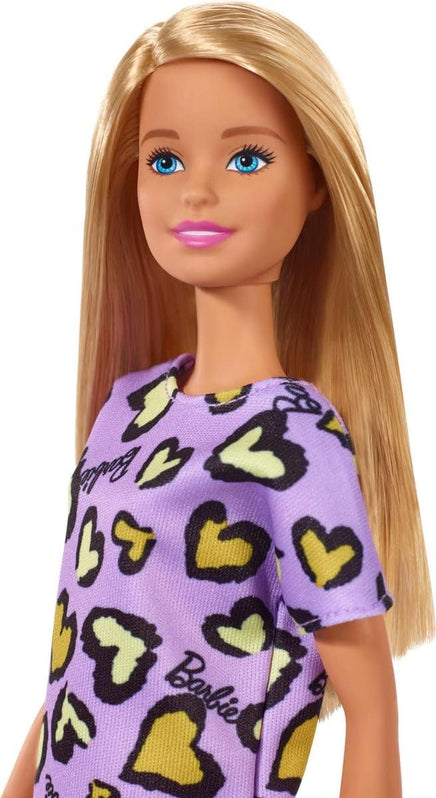 Barbie Bambola Bionda con Abito Viola e Cuoricini Gialli