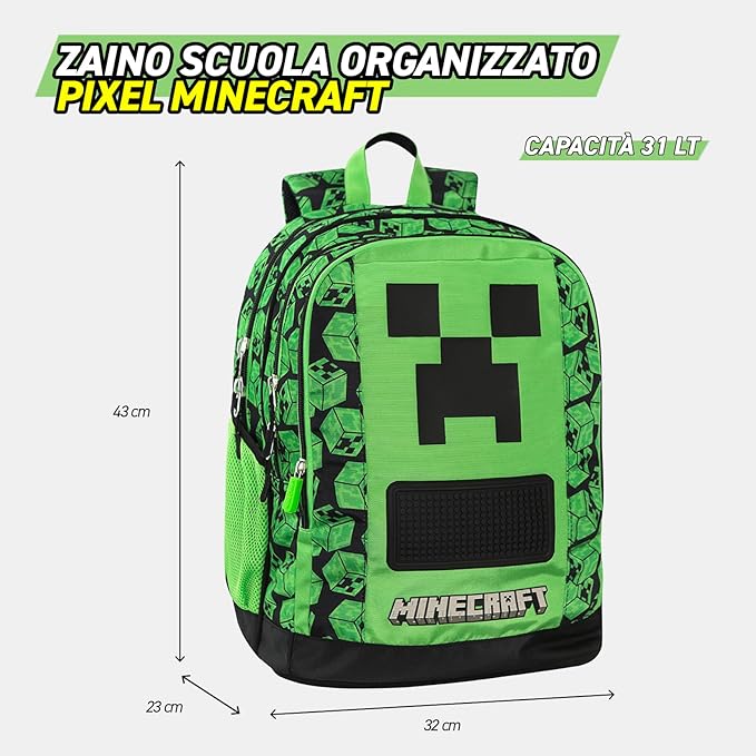 Zaino scuola organizzato Minecraft Verde/Nero 2025/2026 - ZAINO CREEPER MINECRAFT