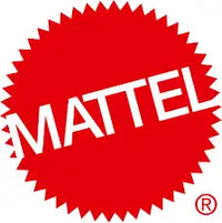 Adesivo rotondo rosso con logo 'mattel' bianco e simbolo di marchio registrato.
