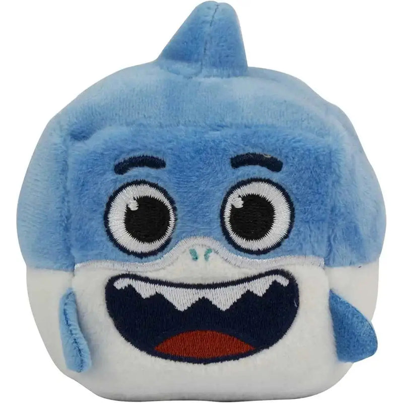 Baby shark cubo sonoro azzurro peluche squalo blu con occhi ricamati denti e bocca sorridente