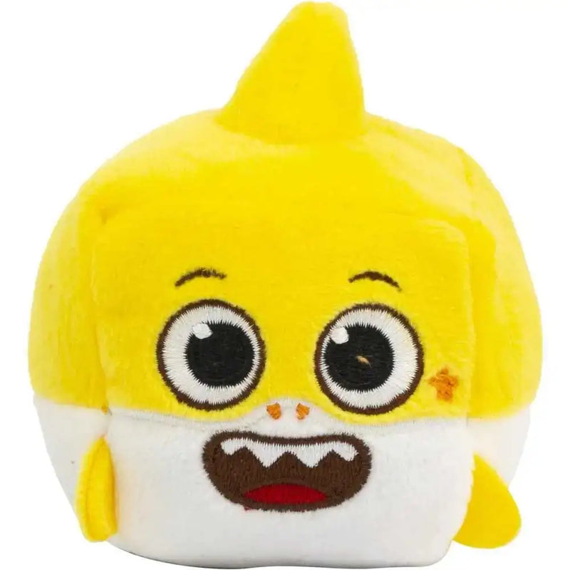 Baby shark cubo sonoro giallo in morbido tessuto con occhi ricamati e piccole pinne, ideale per neonati