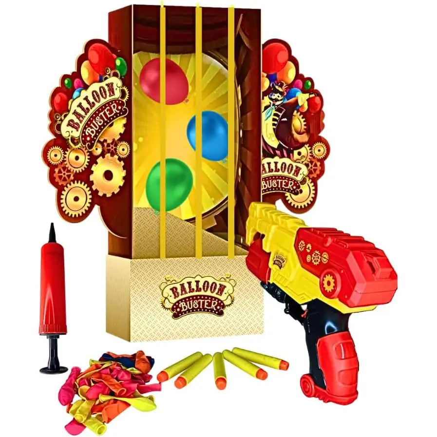 Pistola giocattolo balloon buster gioco rocco giocattoli rossa e gialla con impugnatura nera e design a ingranaggi