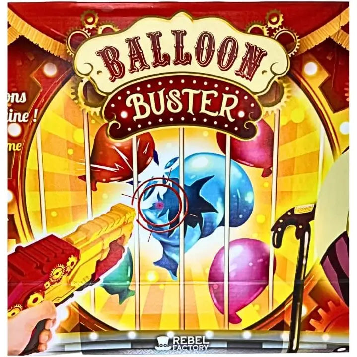 La confezione rossa e oro del balloon buster gioco di tiro al bersaglio rocco giocattoli mostra un fucile cartoon verso palloncini colorati