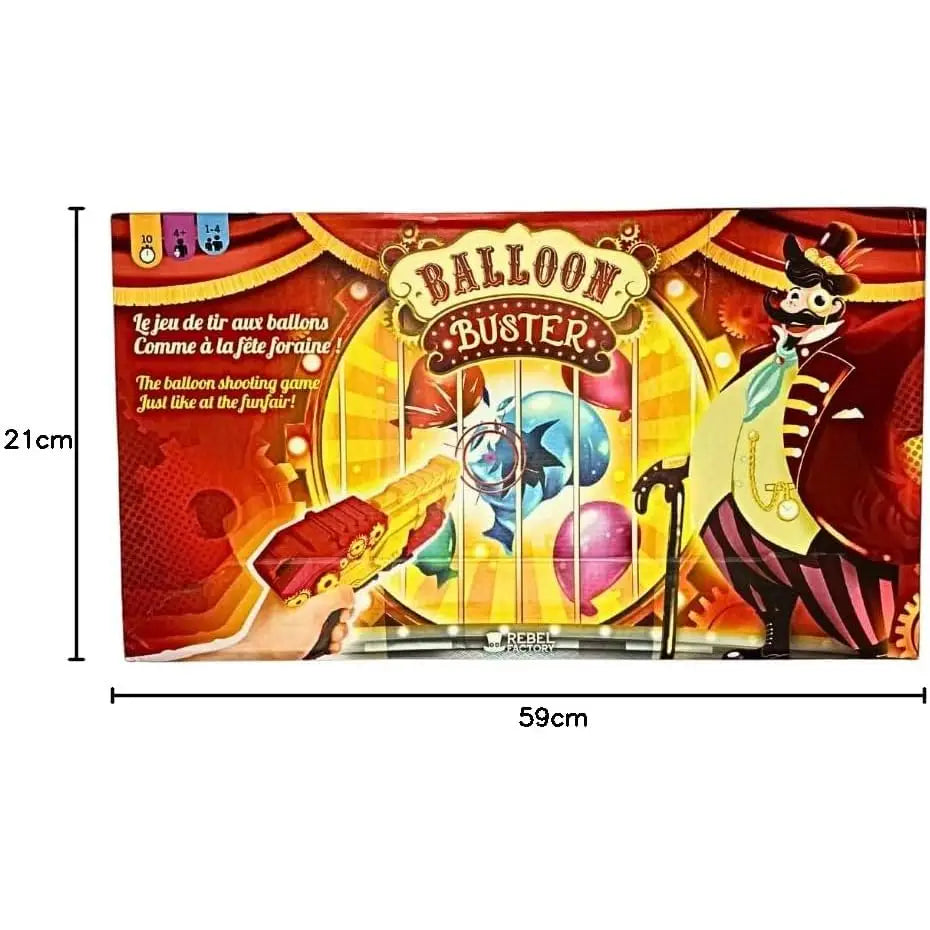 La scatola del balloon buster gioco di tiro al bersaglio rocco giocattoli presenta un design circense rosso e oro con palloncini colorati