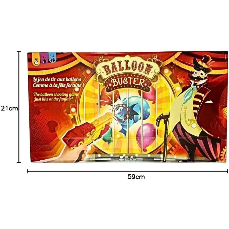 La scatola del balloon buster gioco di tiro al bersaglio presenta un design circo rosso e oro con palloncini e un cartonato con pistola giocattolo gialla