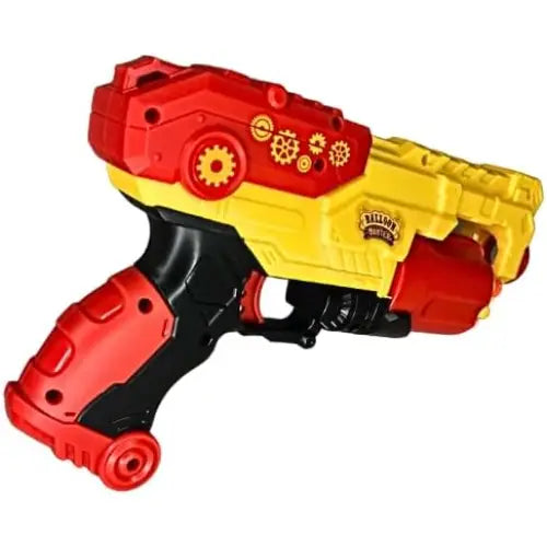 Red and yellow plastic toy gun with black grip and gold gear designs from balloon buster gioco di tiro al bersaglio