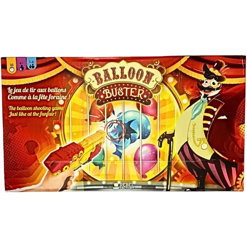 La confezione rossa e dorata del balloon buster gioco mostra un clown e palloncini scoppiati della rocco giocattoli