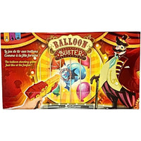 La confezione rossa e dorata del balloon buster gioco mostra un clown e palloncini scoppiati della rocco giocattoli