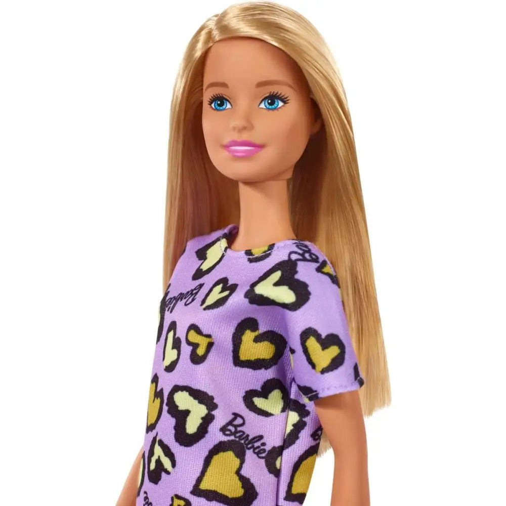 Barbie Bambola Bionda con Abito Viola e Cuoricini Gialli - MATTEL - Bambole - 0887961804225