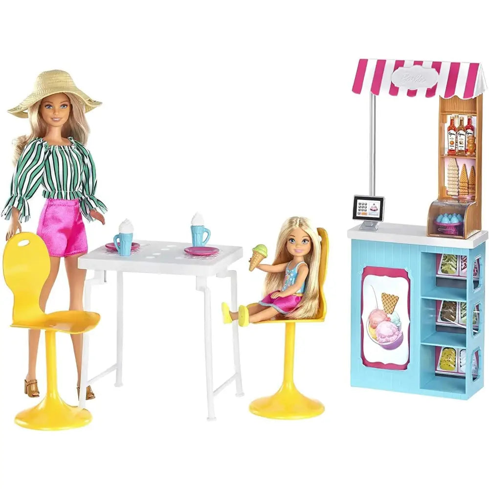 Barbie set bambola con gelateria giocattolo, tenda a righe e scaffali colorati per bambola bionda