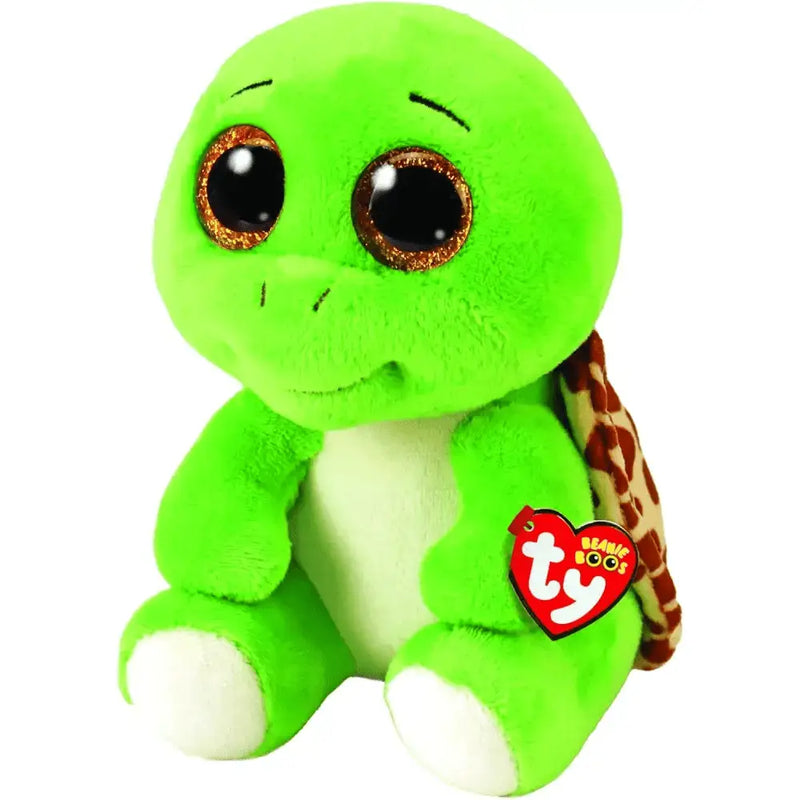 Beanie boos peluche tartaruga verde brillante con occhi marroni scintillanti e pancia bianca con guscio decorato