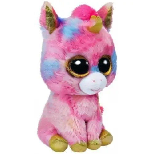 Plush peluche ty unicorno fantasia rosa e blu con dettagli dorati sulle orecchie corno zoccoli e contorno occhi beanie boos