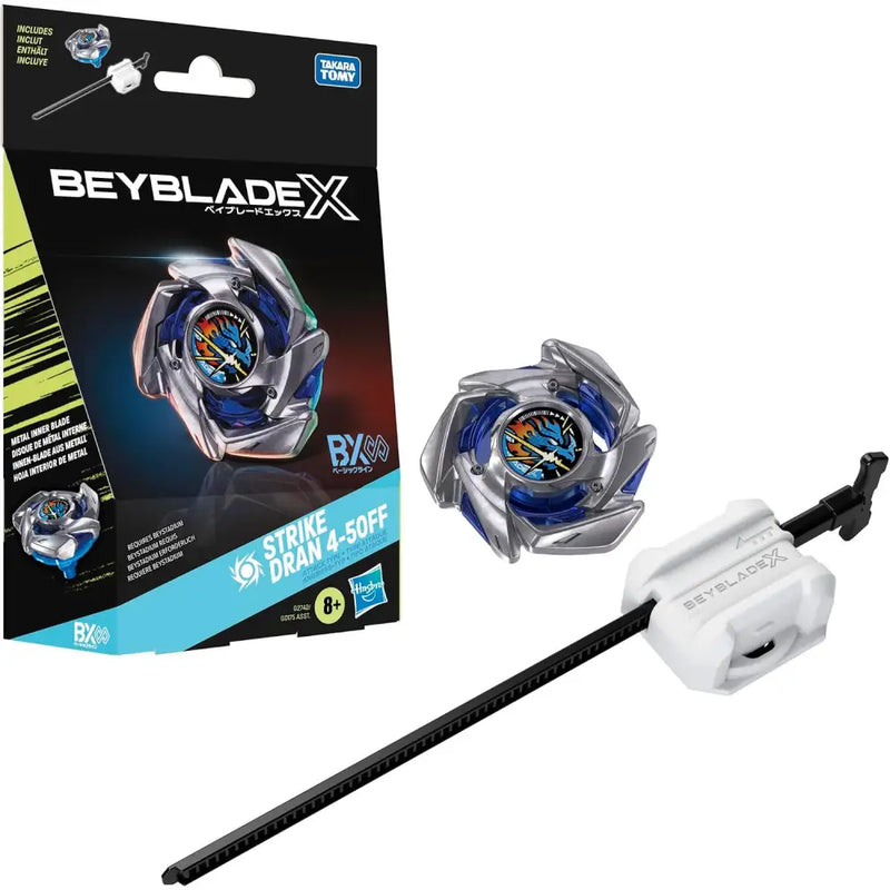 Beyblade bx strike dran 4 starter set con top metallico argento e blu con design dettagliato di drago