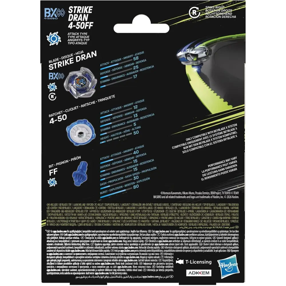 Beyblade bx strike dran 4-50f in argento e nero con design aerodinamico nel set starter strike dran sting unicorn