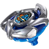Silver and blue beyblade bx strike top with fiery dragon design on circular face from strike dran starter set