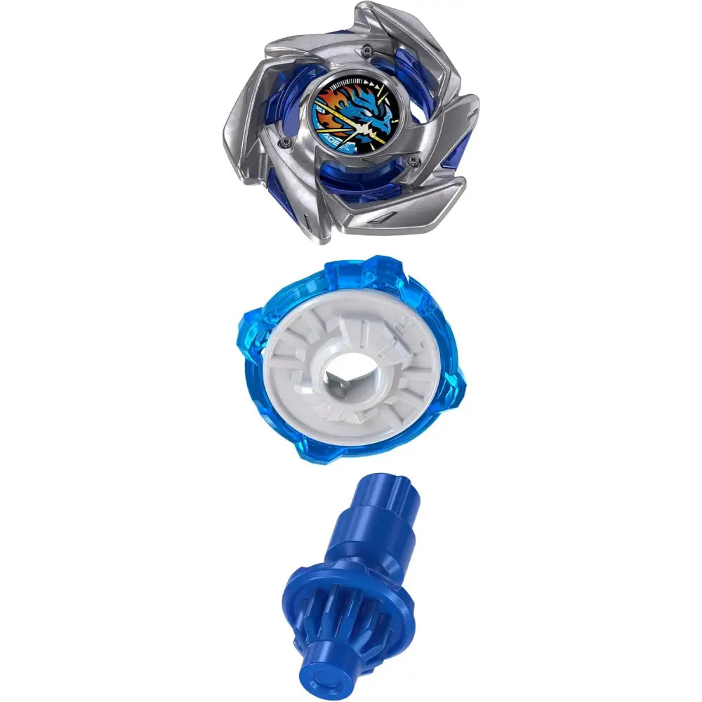 Silver and blue beyblade bx strike top with detailed dragon face and translucent blue plastic components from strike dran set