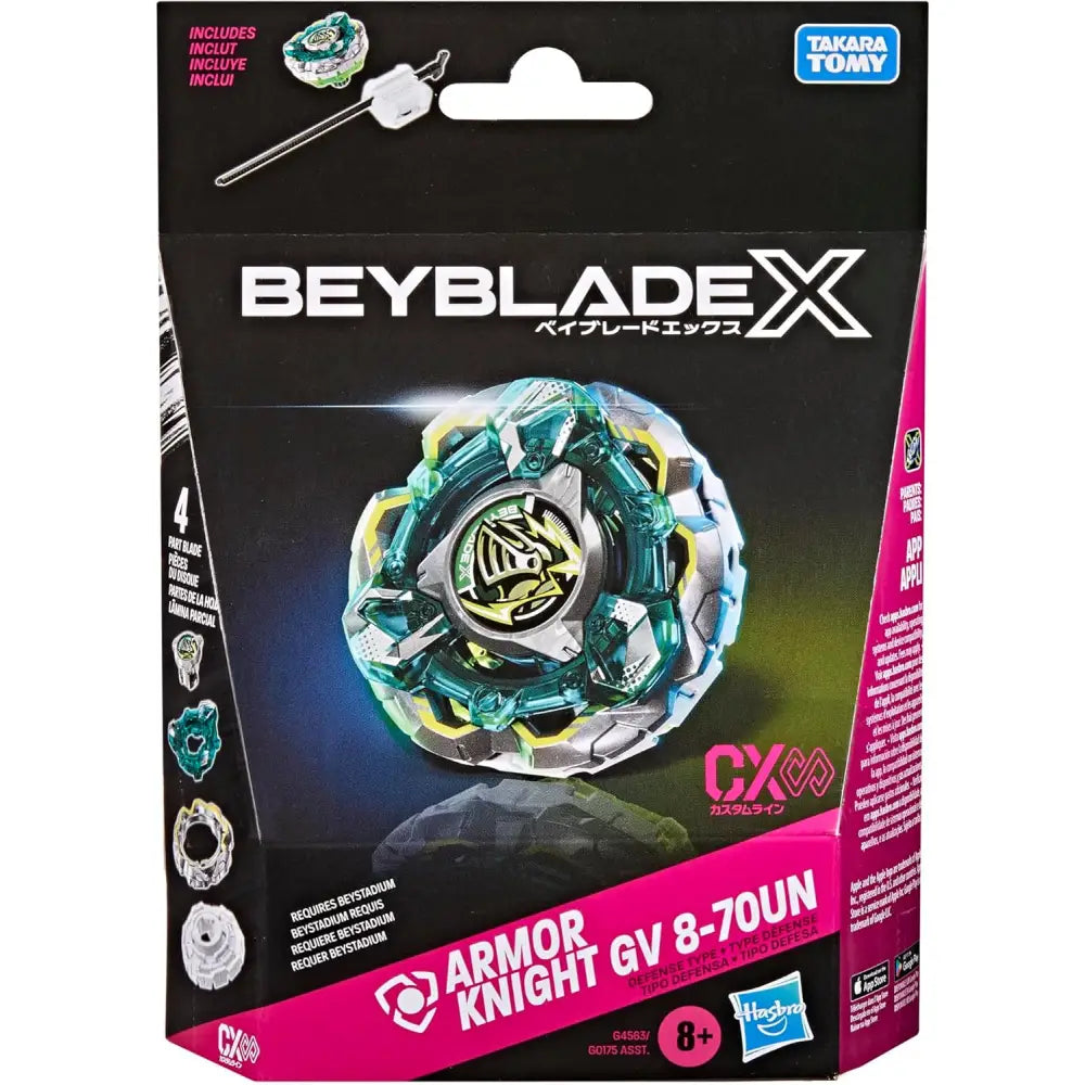 Il beyblade x armor knights cx infinity starter set presenta the armor knight gv 8-70un con design traslucido teal e argento in plastica