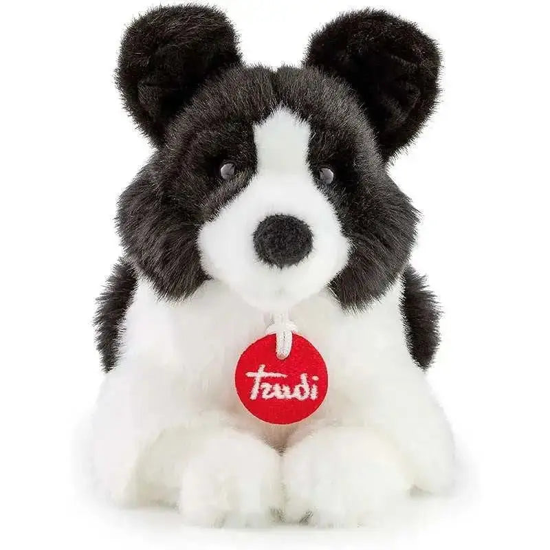 Plush border collie scott puppy toy in black and white with soft fur and a red taudi tag, 25 cm peluche