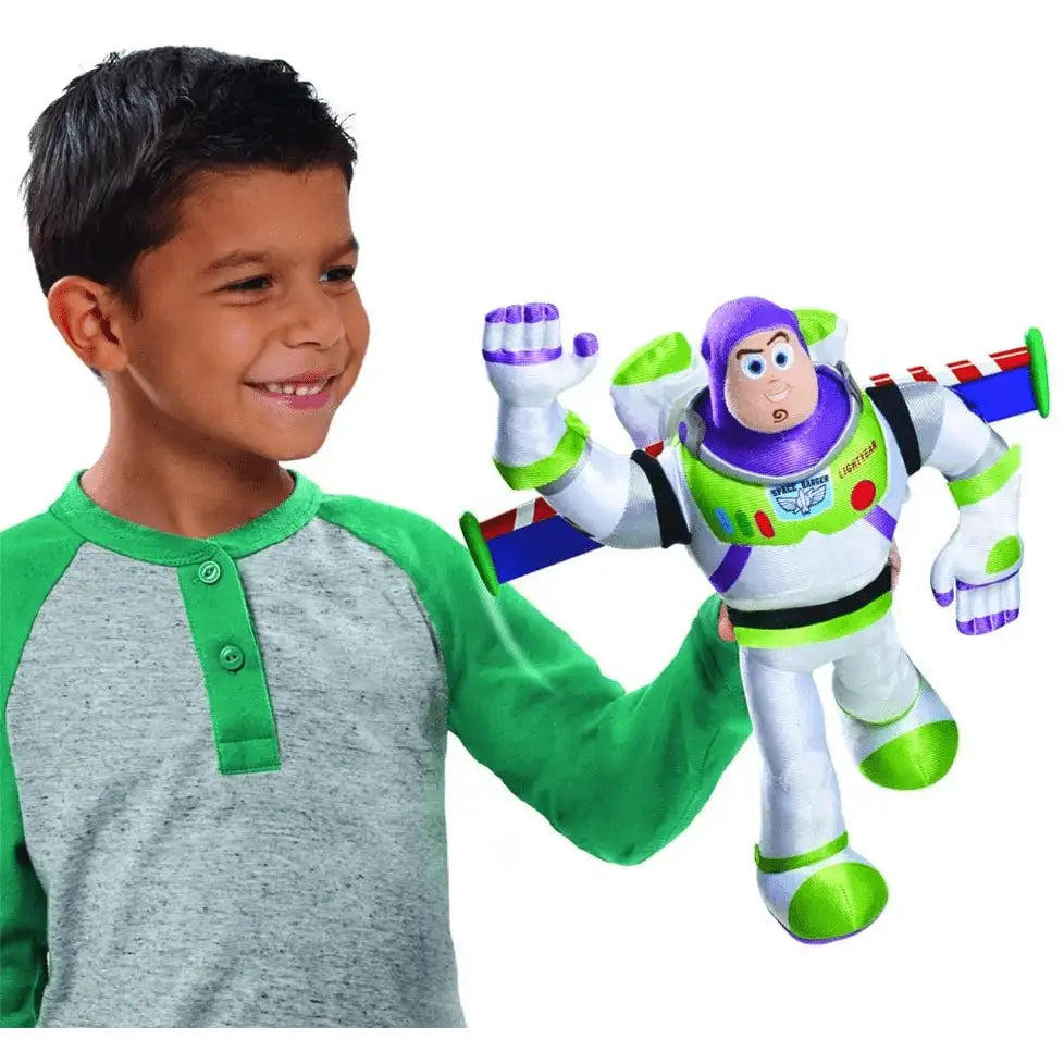 Plush buzz lightyear personaggio toy story con colori bianco verde viola e zaino a righe con funzioni
