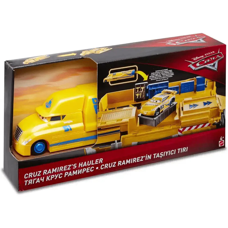 Camion playset cruz ramirez in plastica gialla con dettagli blu e area cargo dettagliata design cruz ramirez vera officina
