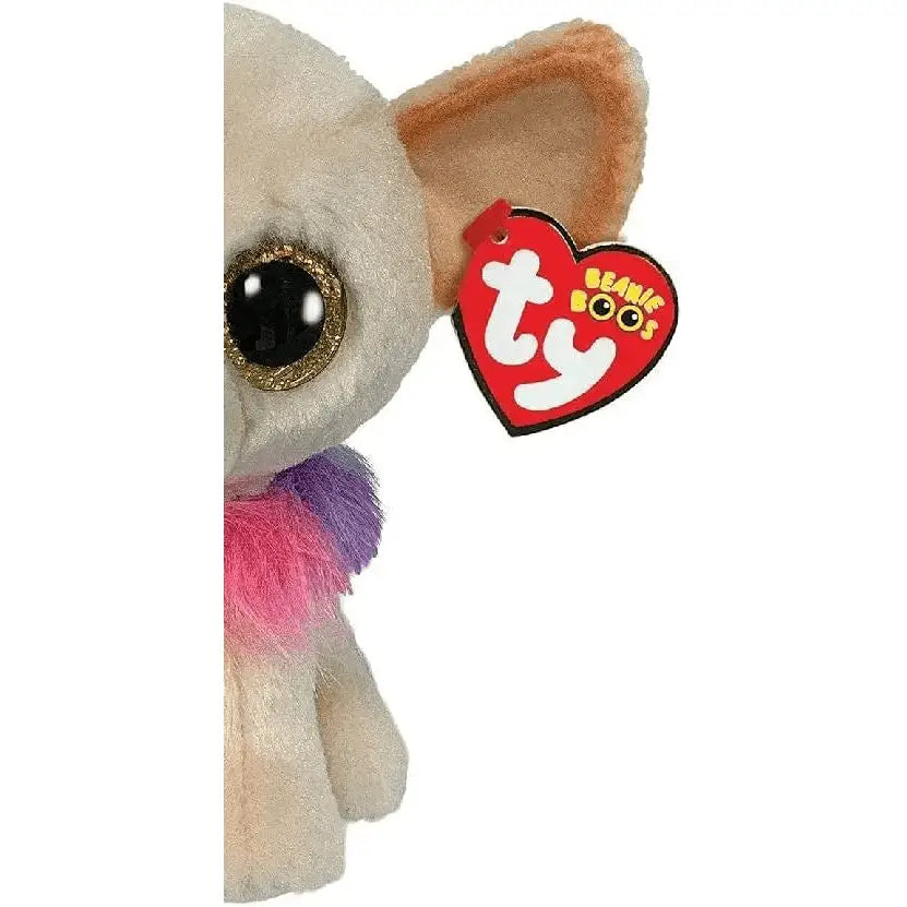 Plush cane chihuahua chewey beanie boos crema con occhi glitter e sciarpa rosa e viola morbida e colorata