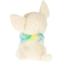Cream-colored plush cane chihuahua chewey beanie boos with soft fluffy texture and rainbow scarf around its neck