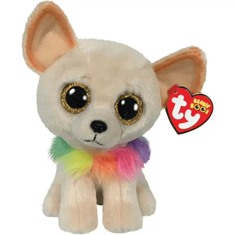 Cane chihuahua chewey peluche ty beanie boos crema con occhi neri glitterati e boa di piume arcobaleno