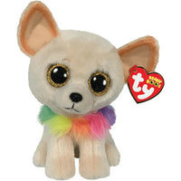 Cane chihuahua chewey peluche ty beanie boos crema con occhi neri glitterati e boa di piume arcobaleno