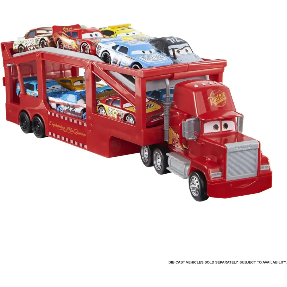 Rosso camion trasportatore in metallo con trailer e personaggi disney cars dettagliati nel cars mack camion trasportatore