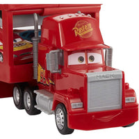 Giocattolo camion trasportatore cars mack camion rosso plastica con numero 95 giallo e dettagli grigi