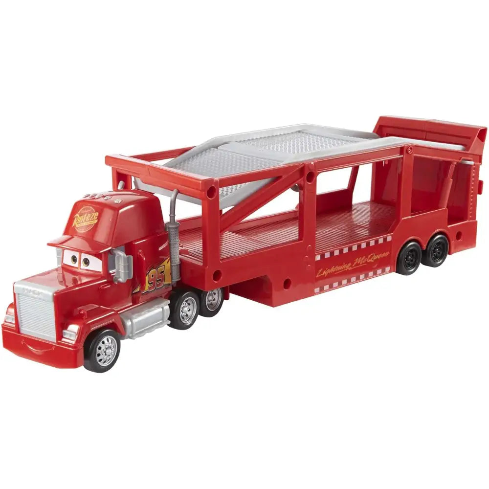 Mac camion trasportatore rosso in plastica con rimorchio e personaggio lightning mcqueen di cars
