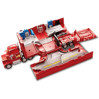 Giocattolo camion rosso in plastica con interni blu e argento e rimorchio staccabile playset trasportatore camion disney