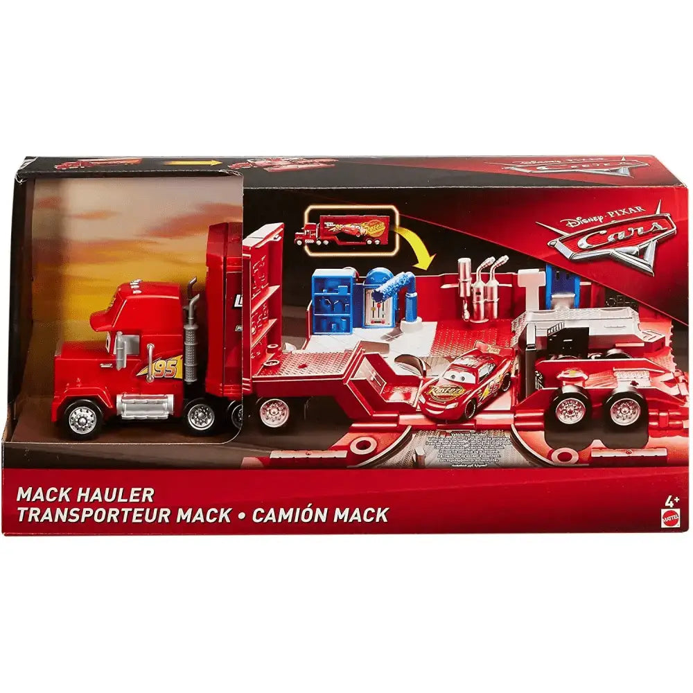 Giocattolo camion rosso mack con rimorchio dettagliato racing car accessori garage in scatola original film disney cars playset trasportatore