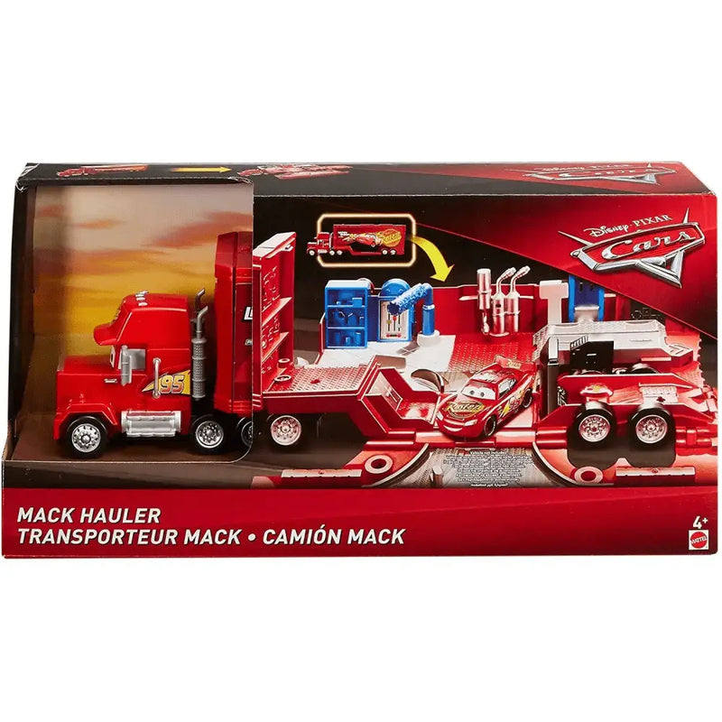 Giocattolo camion rosso mack con rimorchio dettagliato racing car accessori garage in scatola original film disney cars playset trasportatore
