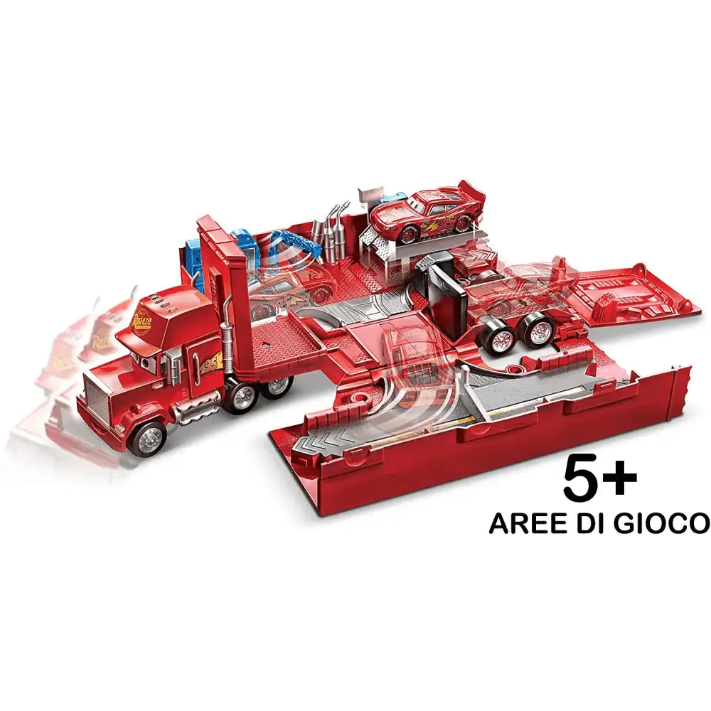 Gioco trasportatore camion di mack rosso in plastica con rimorchio staccabile e macchinina sopra per cars playset trasportatore