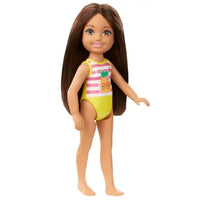 Chelsea bambola barbie club con costume intero a righe gialle e rosa e design di ananas