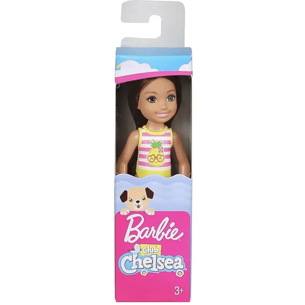 Chelsea bambola barbie club con costume da bagno a righe gialle e rosa con motivo ananas