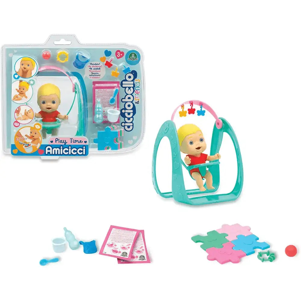 Teal swing in plastica cicciobello amicicci con bambola bionda in abito rosso seduta all’interno altalena playset