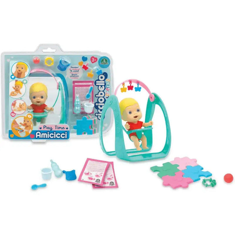 Teal cicciobello amicicci plastic baby swing with pink arch and colorful hanging toys for playtime fun