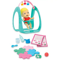 Teal plastic baby swing with pink handle and colorful butterfly decorations in cicciobello amicicci play time playset altalena