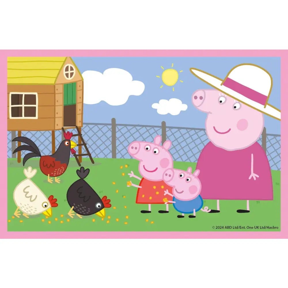 Peppa pig in vestito rosa e cappello bianco con fascia viola vicino a galline nel puzzle cubi peppa di clementoni