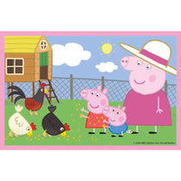 Peppa pig in vestito rosa e cappello bianco con fascia viola vicino a galline nel puzzle cubi peppa di clementoni