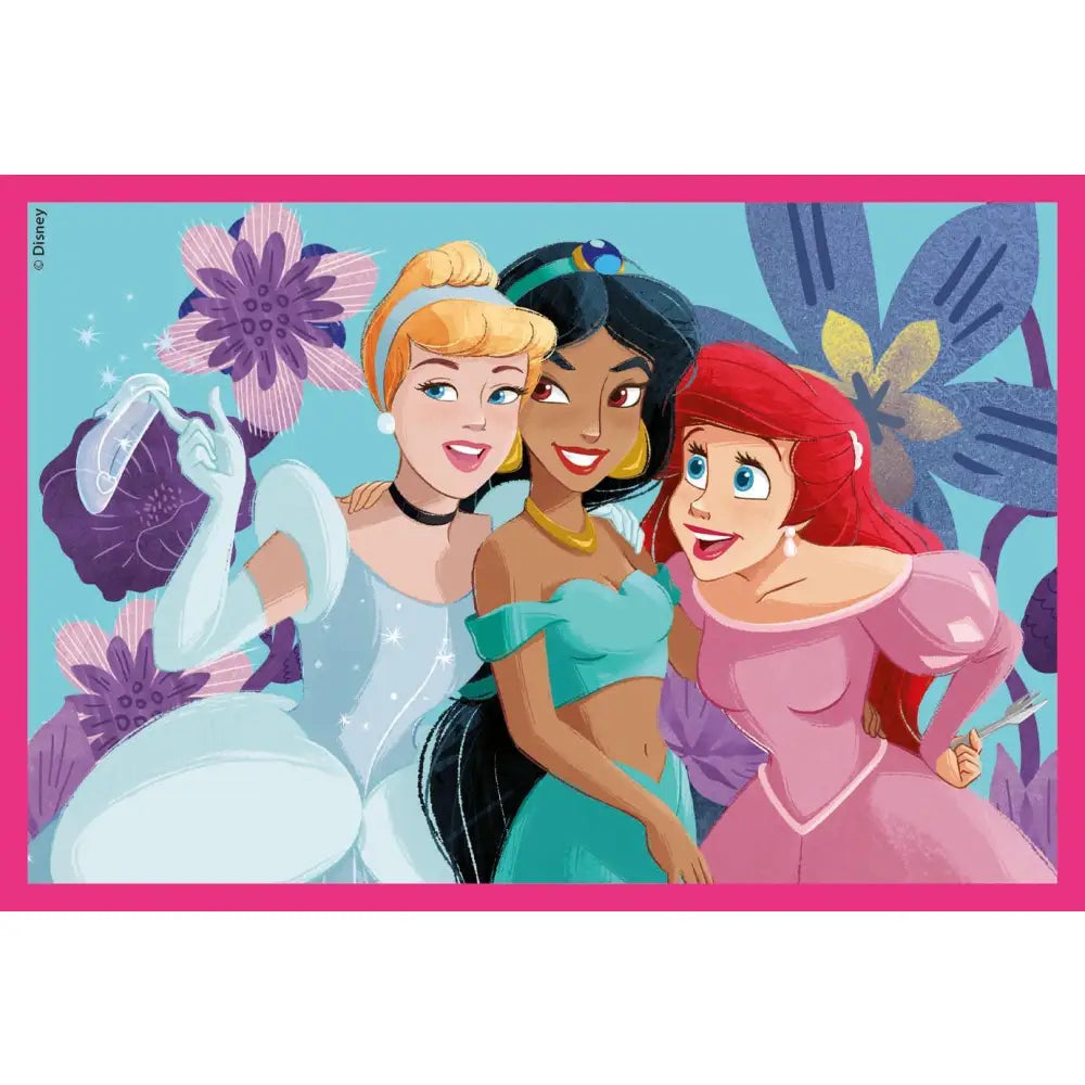 Puzzle cubi principesse disney con cenerentola jasmine e ariel su tappetino rosa con motivi floreali stilizzati