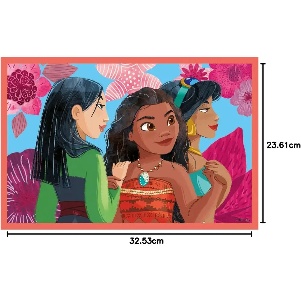 Mural rettangolare con i personaggi principali di moana su sfondo floreale rosa e viola nel puzzle cubi principesse disney