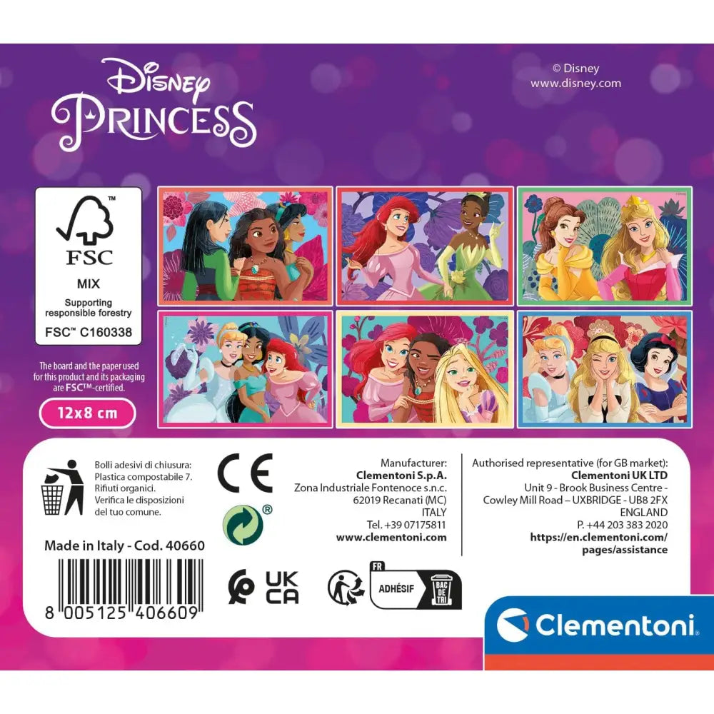 Clementoni puzzle cubi principesse disney con illustrazioni colorate di principesse disney su sfondo viola