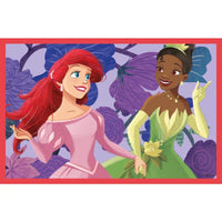 Mat rettangolare disney principesse con ariel in abito rosa e tiana in vestito verde su sfondo viola floreale puzzle cubi principesse disney