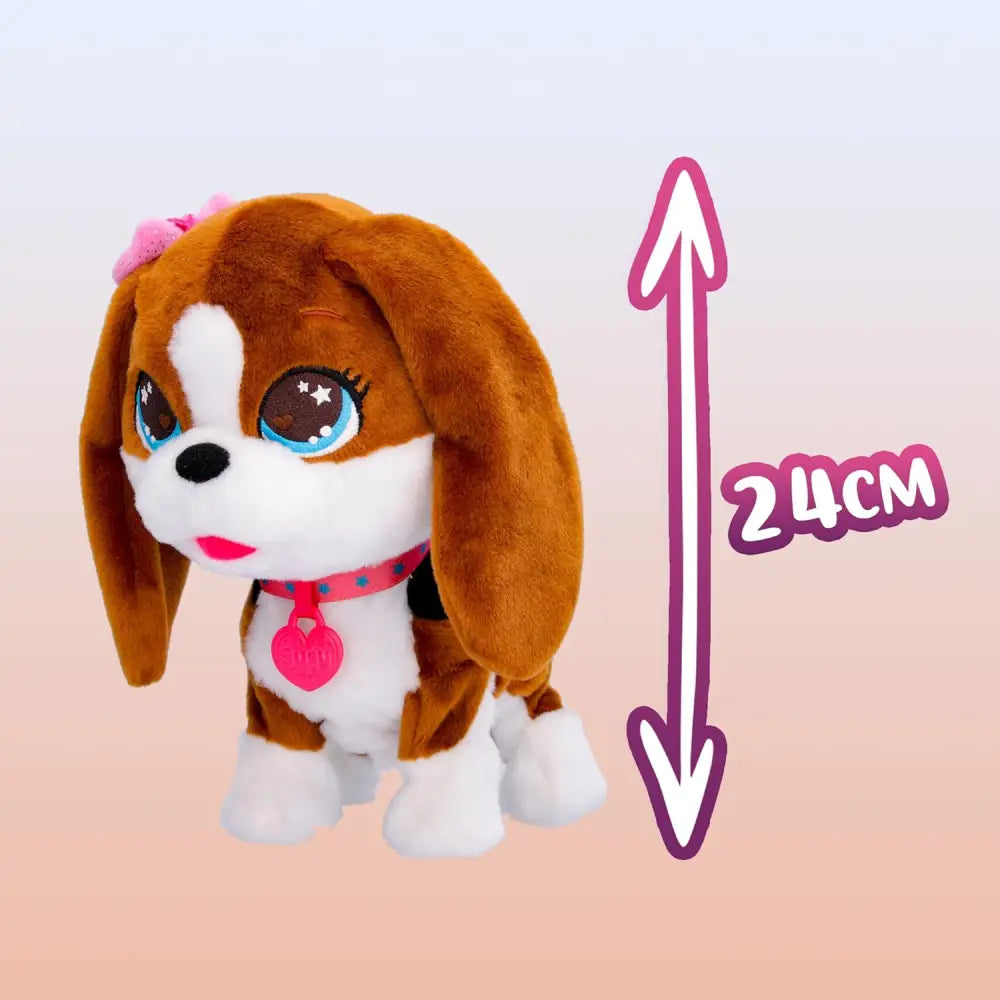 Un peluche beagle marrone e bianco con occhi blu stellati e fiocco rosa del club petz susy canta
