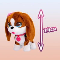 Un peluche beagle marrone e bianco con occhi blu stellati e fiocco rosa del club petz susy canta